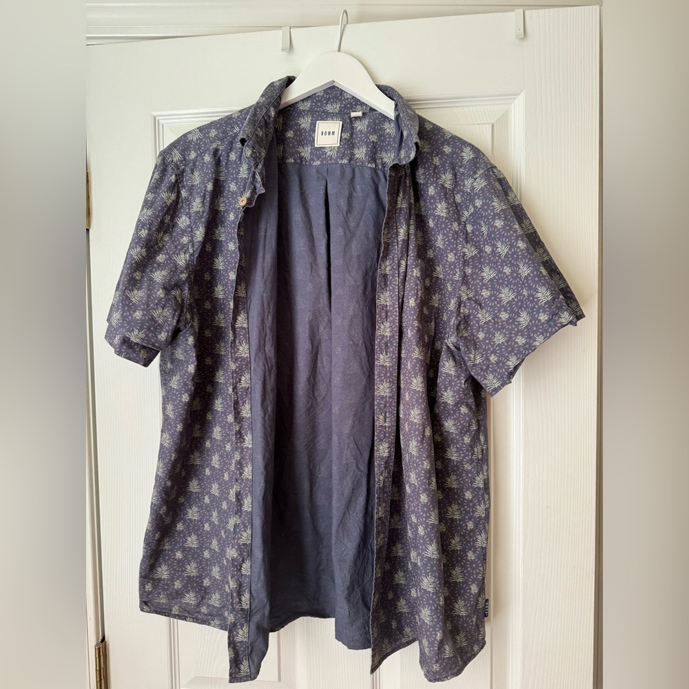 ROWM Blue Short Sleeve Button-Up Shirt with Palm Leaf Detail